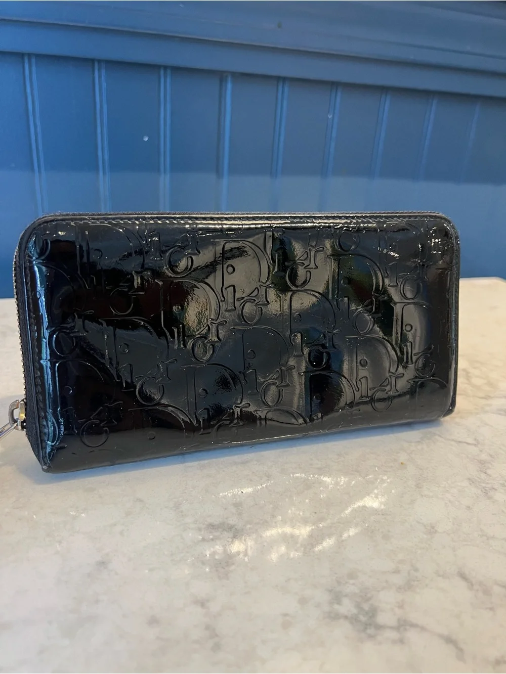 Christian Dior Black Patent Leather Trotter Zip Wallet
